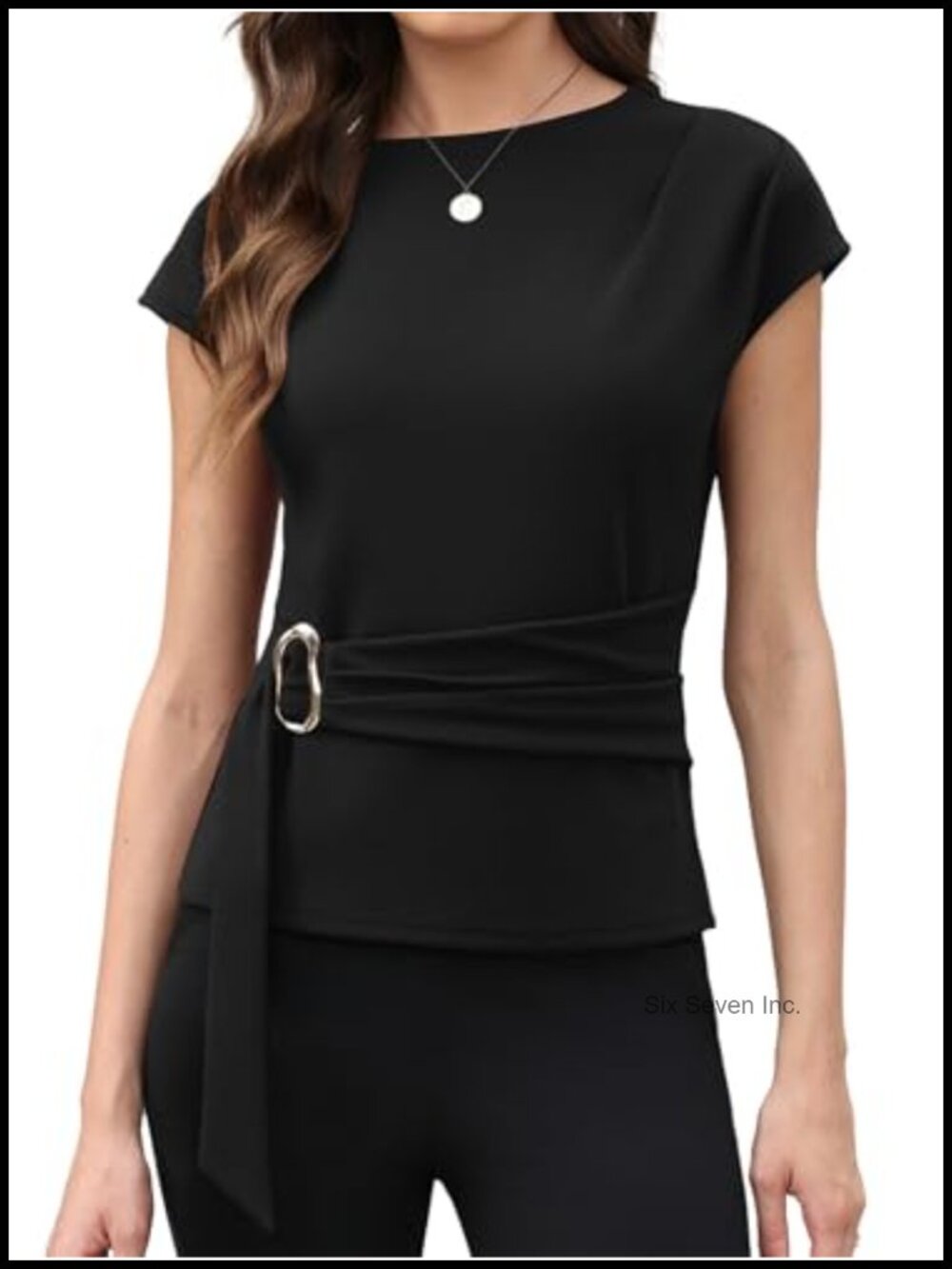 Women's Peplum Blouse Cap Sleeve Boat Neck Buckle Tunic Business Casual Top